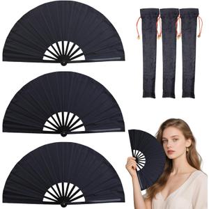 3 Pcs Large Folding Popping Fan Line Dancing Fan, Foldable Boots on The Ground Hand Fan, Big Handheld Line Dance Clap Fans (3 Pcak Black)