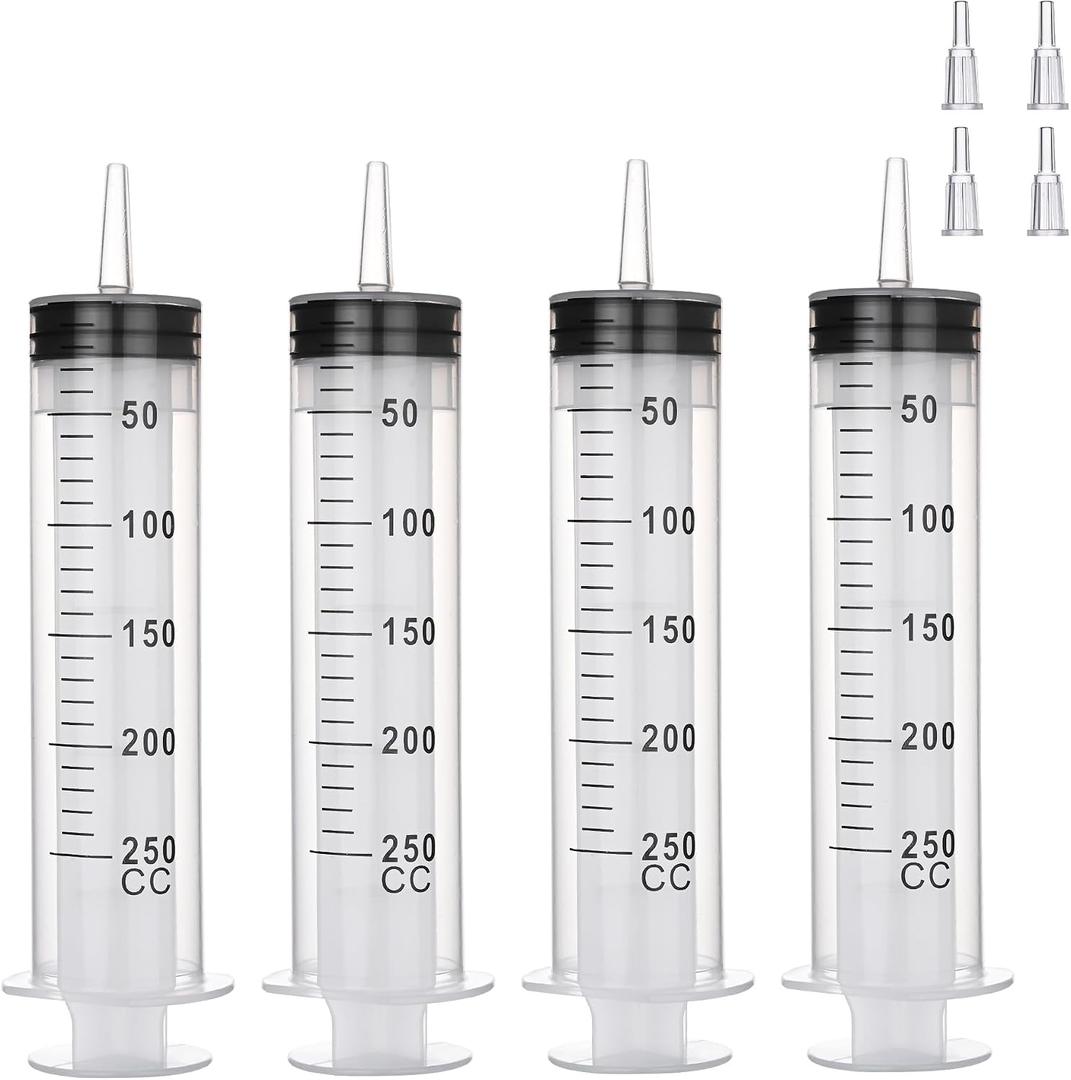 4 Pack 250mL Large Syringes with Tip Adapter - Individually Sterile Sealed Plastic Syringe for Liquid, Glue Dispensing, Scientific Labs