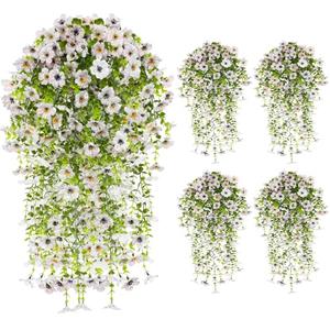 UV Resistant Artificial Hanging Flowers for Outdoors, Faux Morning Glory Fake Hanging Plants for Porch, Garden, Patio & Home Decoration, Realistic Silk Flowers, No Fade, No Watering, 4 PCS, White