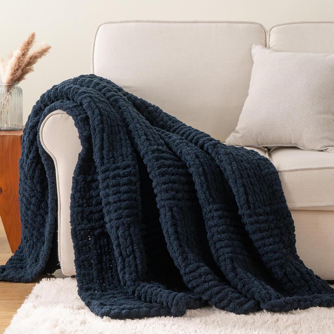 Bunnikins & Clover Navy Blue Throw Blanket for Couch, Chunky Knit Navy Throw Blanket for Home Decor, Handmade Chenille Cable Knit Throw, 50"x60"