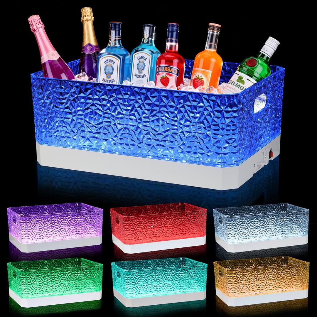 15L LED Ice Bucket for Parties, Rechargeable 7-Color Changing Light Up Beverage Tub, Clear Acrylic Wine & Champagne Drink Cooler, Leakproof Party Tub for Home Bar & Outdoor Entertaining