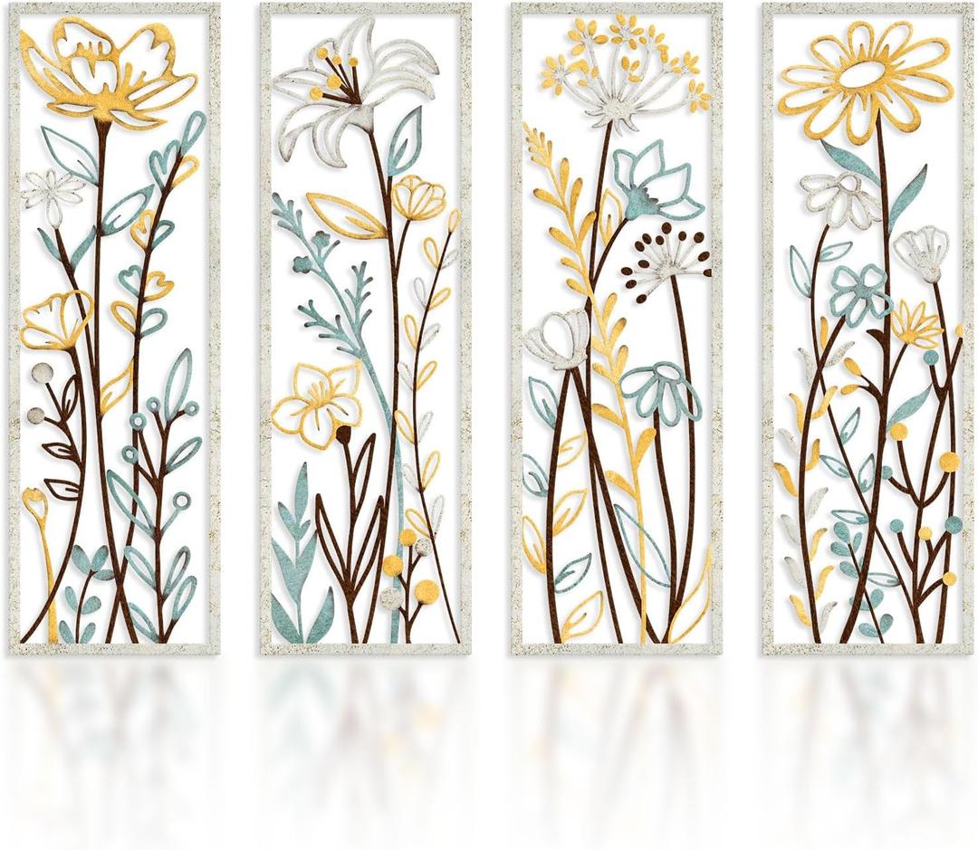 Pigort 4 Pieces Metal Floral Wall Arts - Farmhouse Flower Wall Art Natural Themed Wall Decors for Home Living Room Bedroom Dining Room Office 5.3x16.5 Inch