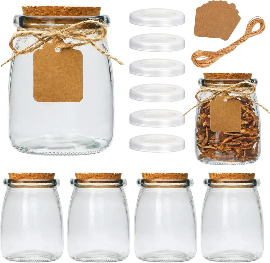 Brajttt Mini Yogurt Jars 6 Pack, 7 oz Glass Favor Jars with Cork Lids, Pudding Containers with Lids, Mason Jar Wedding Favors Honey Pot with Label Tags and String
