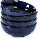 vicrays Ceramic Salad Bowls Set for Kitchen, Serving - 32 Ounce Soup Bowls, Pasta Bowls, Chip Resistant, Dishwasher Microwave Safe, Large, Fluted, stoneware, Set of 4 (Blue)