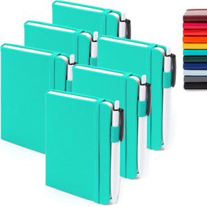 feela 6 Pack Pocket Small Notebooks Bulk, Mini Cute Memo Notepads Hardcover College Ruled Lined Journals with Pen Holder for Women Girls Office School, with 6 Black Pens, 3.5x 5.5, A6, Aqua