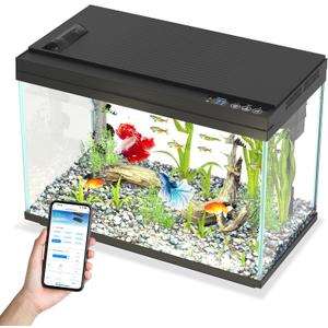 Smart Fish Tank Starter Kit with Smart Temperature Display & Wireless Control, 5.8 Gallon Fish Tank Self Cleaning, 3-in-1 Quiet Filter Pump, 7-Color LED, Heater, Feeder for Beginner Aquarium