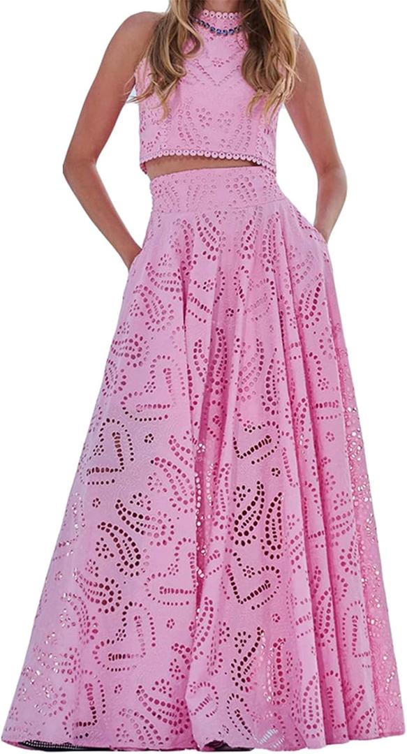 Women's 2 PCS Lace Holes Tank Tops Bodycon Skirts Sexy Nightclub Party Dress Outfits Set (Medium, Pink)