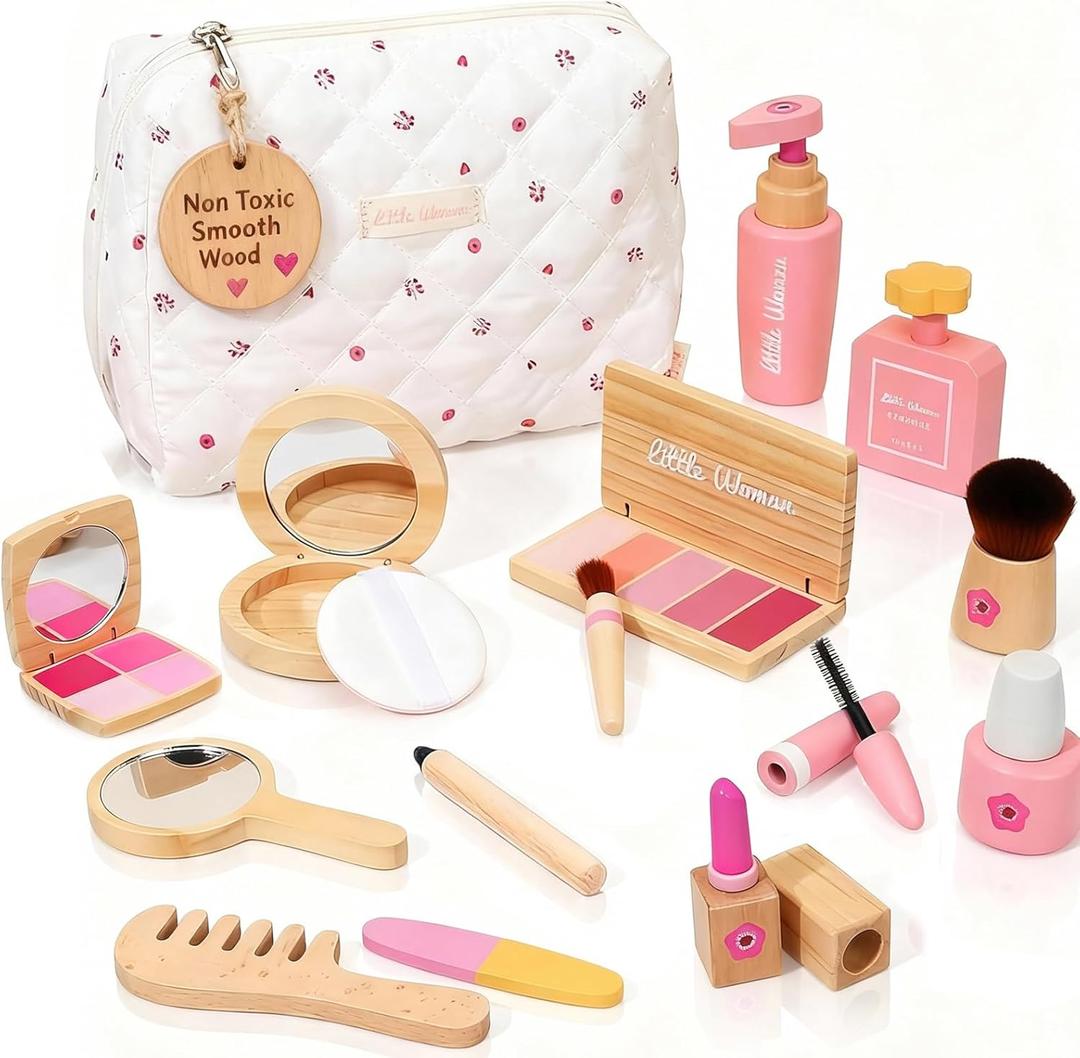 Wooden Pretend Play Makeup for Toddlers 1-3,100% Safe & Non Toxic | Natural Wood,Mess Free,Sparks Imagination,Montessori Toy Builds Fine Motor Skills,Birthday Gift For 1-3 Year Old Girls