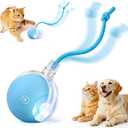 Interactive Electric Automatic Rolling Moving USB Rechargeable Self Activated Play Stimulation Toy Smart Chase Teaser Ball with Speedy Tail Rope for Bored Adult Indoor Cats and Dogs, Blue
