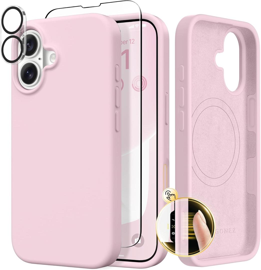 GONEZ Magnetic for iPhone 17 Case, Compatible with MagSafe, [Screen Protector + Camera Lens Protector], Liquid Silicone Anti-Scratch Shockproof Protective Phone Case 6.3 inch, Pastel Pink