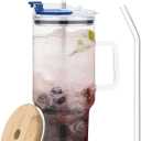 40oz Glass Tumbler with Straw and Lid,Glass Tumbler with Handle,Drinking Glasses with Silicone Coaster,Water Cup,Smoothie Cups,Ice Coffee Mug,Fits In Cup Holder(Navy Blue)
