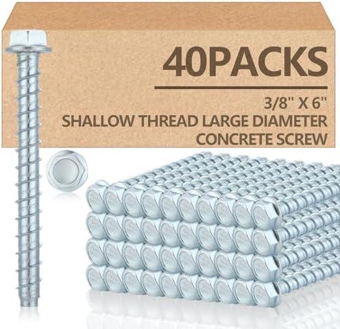 Tandefio 40 Pack 3/8" x 6" Concrete Screw Anchor Galvanized Large Diameter Heavy Duty Plated Concrete Anchors for Masonry Brick Anchoring Block Decking Framing Hex Drive
