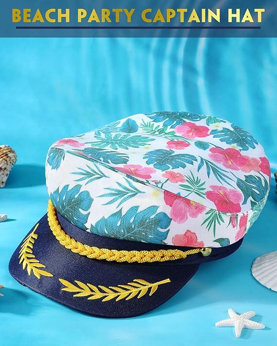 Xuhal 3 Pcs Captain Hat Hawaiian Pink Flower Sailor Hat Adjustable Yacht Captain Cap for Bachelorette Party Cosplay Costume