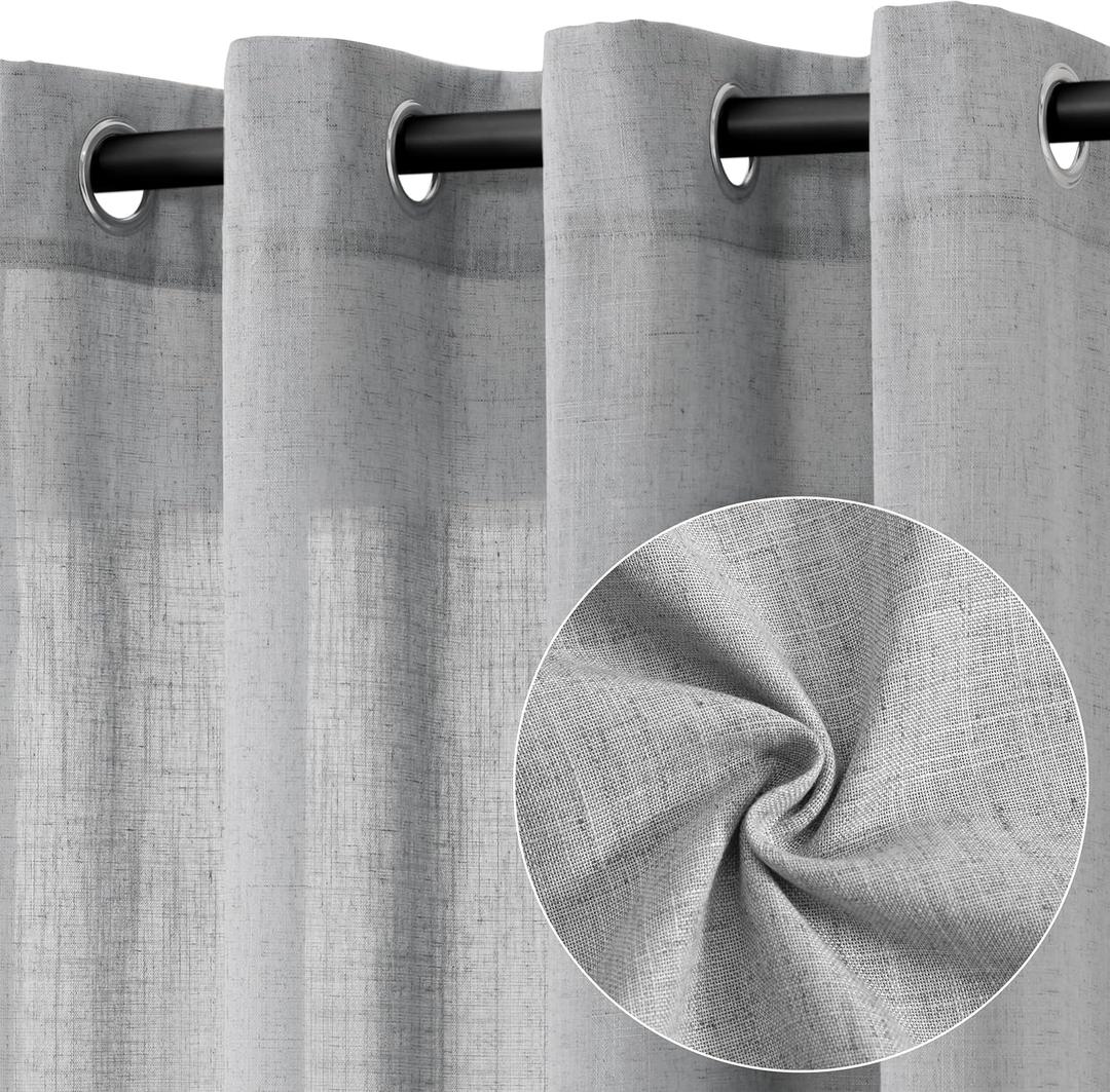 Grey Linen Curtains 90 Inch Length 2 Panels for Living Room Bedroom, Light Filtering Sheer Curtains 90 Inches, Elegant Modern Grommet Semi Sheer Soft Privacy Drapes