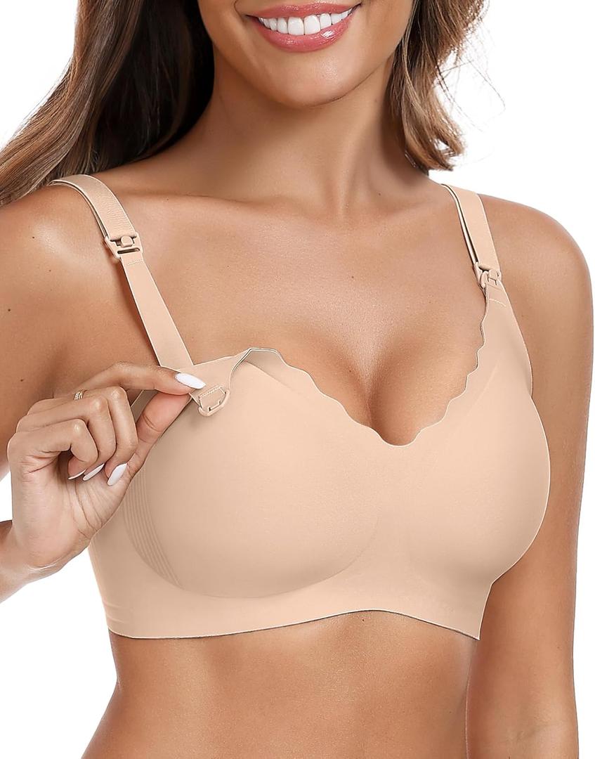 Vertvie Nursing Bras for Breastfeeding Seamless Comfort Maternity Bra Wireless Support Pregnancy Sleep Bralette Natural Shape (Beige, L)