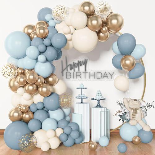 Archloon 156pcs Dusty Blue Balloon Garland Arch Kit, Different Sizes 18 12 10 5 inch Blue White Sand Latex Metallic Confetti Gold Balloons for Boys Birthday Boho Baby Shower Party Decoration Supplies