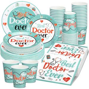 Teenyyou 200 Pcs Thank You Doctor Party Supplies Doctor Appreciation Week Decoration Kit National Tableware Serve 50 Guest Disposable Dinnerware for Nurse Party Supplies