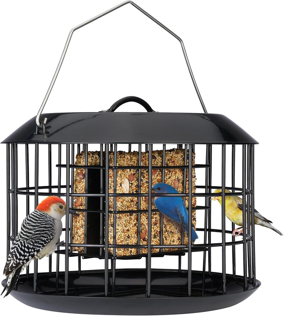 Kingsyard Squirrel Proof Suet Feeder, Cage Bird Feeders for Outdoors Hanging, All Metal, Double Suet Cake Capacity, Tray & Weatherproof, Black