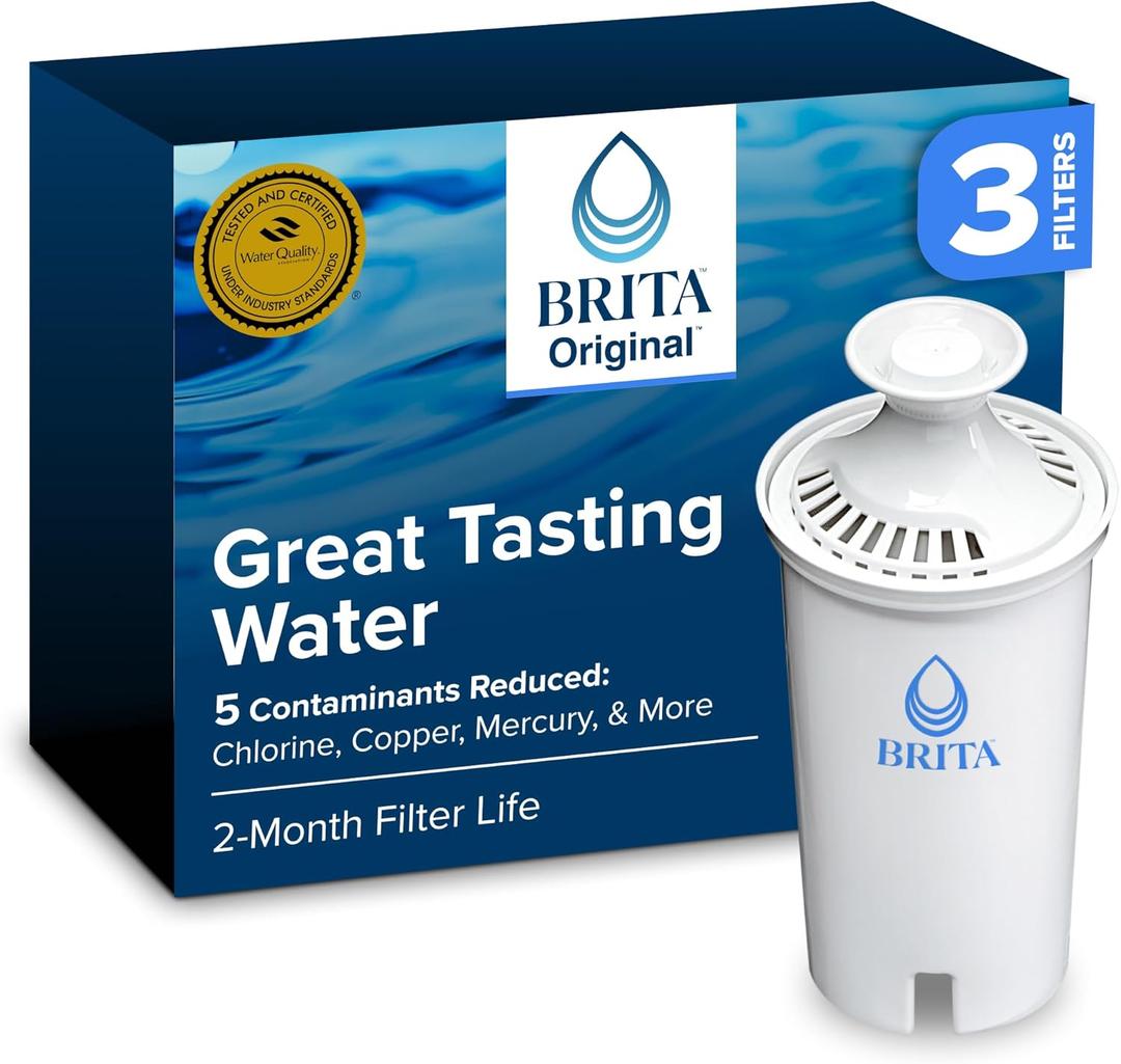 Brita Standard Water Filter for Pitchers and Dispensers, BPA-Free, Reduces Copper, Cadmium and Mercury Impurities, Lasts Two Months or 40 Gallons, Includes 3 Filters for Pitchers
