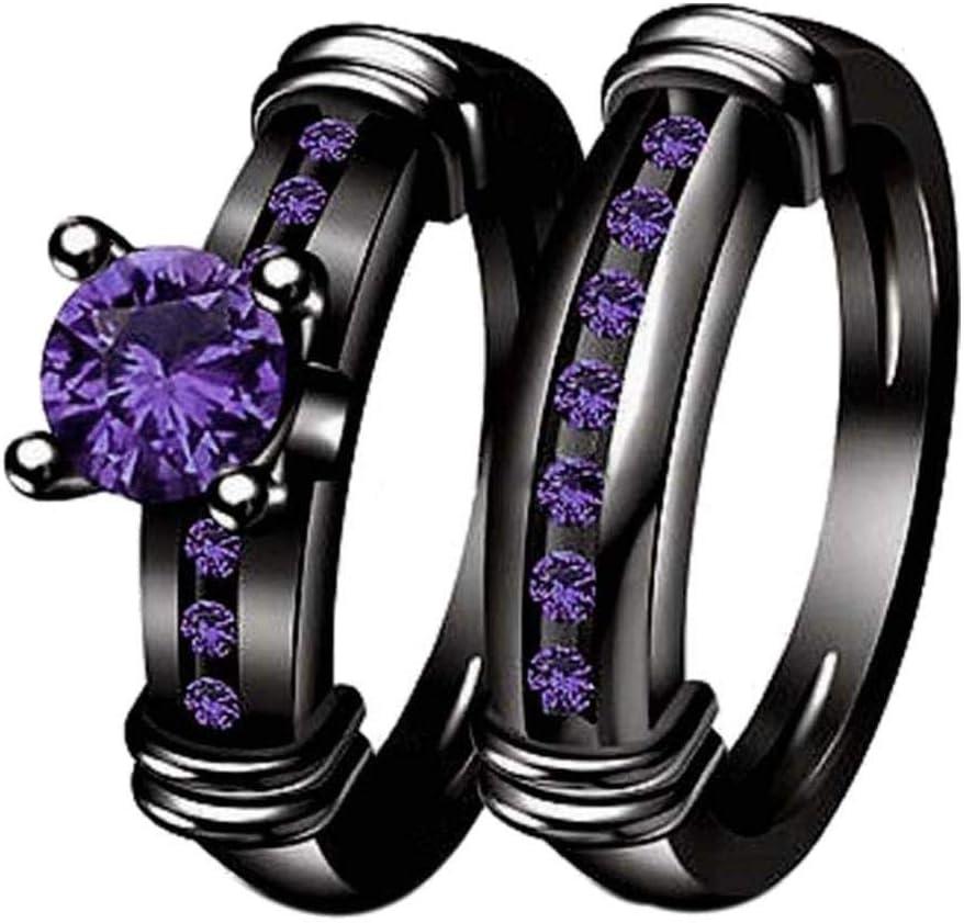 Bridal Sets Black Gold Plated Womens Wedding Bands Blue Cz Engagement Ring Sets (9, Purple)
