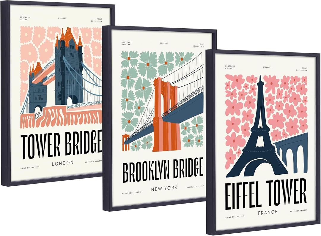 CILFFVI 12"x16" Framed Canvas Prints Set of 3 Travel Posters Featuring Eiffel Tower, Brooklyn Bridge & Tower Bridge Modern Vintage Wall Art for Living Room, Office & Bedroom Decor