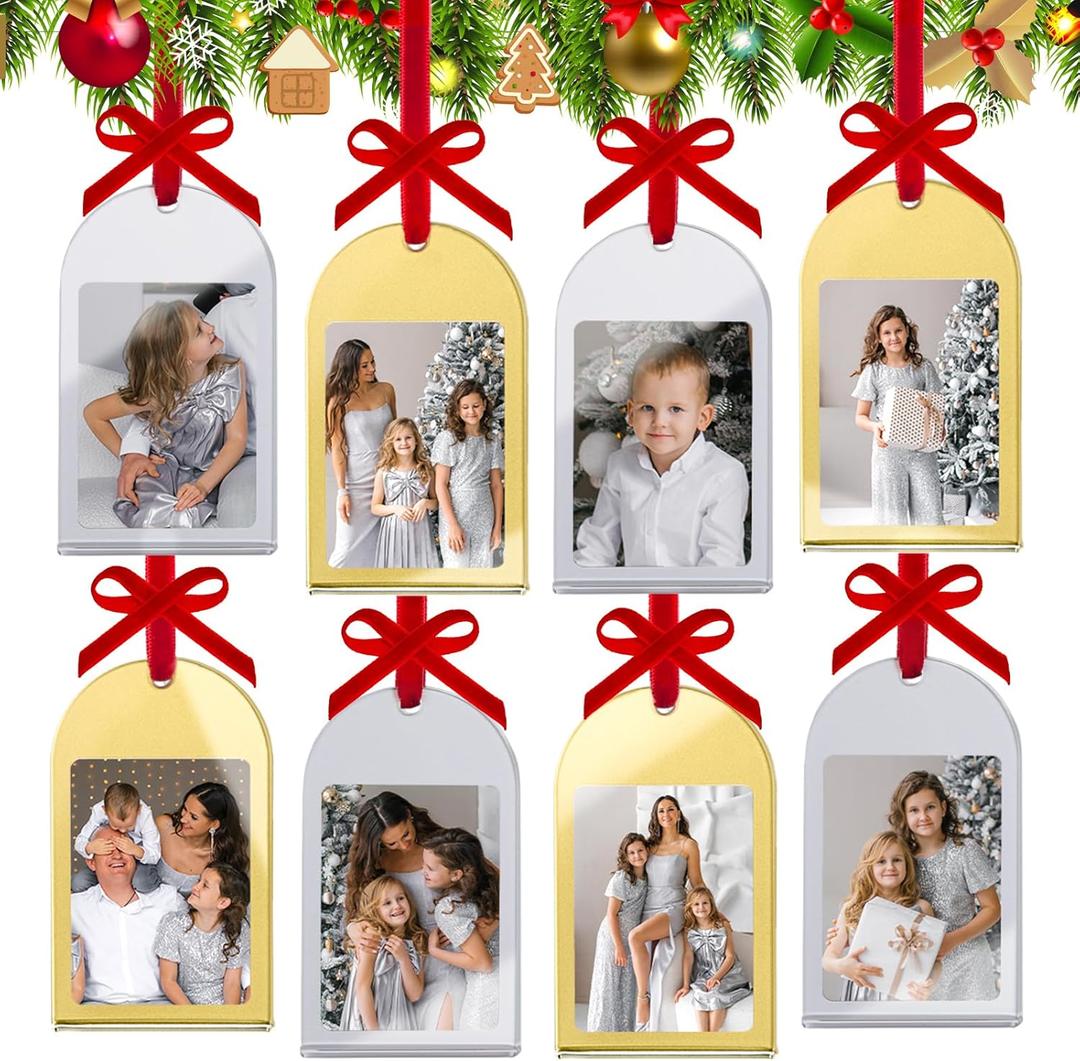 8Pcs Mini Vintage Gold Silver Christmas Acrylic Picture Frame Ornaments, 2x3 Inch Small Wall Hanging Double-Sided Photo Frames with Red Velvet Ribbon for Christmas Tree Gifts Polaroid instax Mini (Gold and Silver Joy Combo)