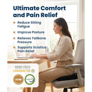 Memory Foam Seat Cushion for Office Chair Seat Cushions for Long Sitting Tailbone Pain Relief Anti-Slip Bottom & Removable Leather Cover for Car Gaming Work