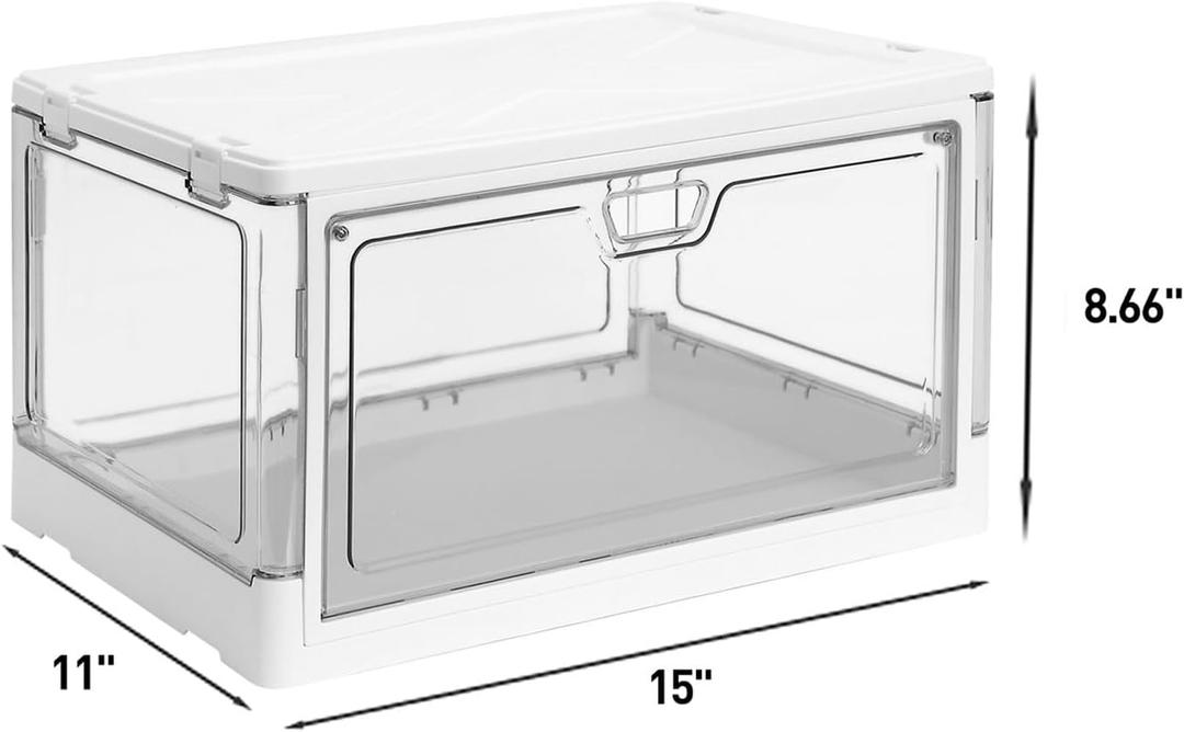 HYBRIDEAS 2-Pack Clear Stackable Storage Bins with Lids Magnetic Doors Open Front Foldable Folding Plastic Craft Containers Large Closet Organizers Box for Bedrooms Living Rooms Study Kids' Toys