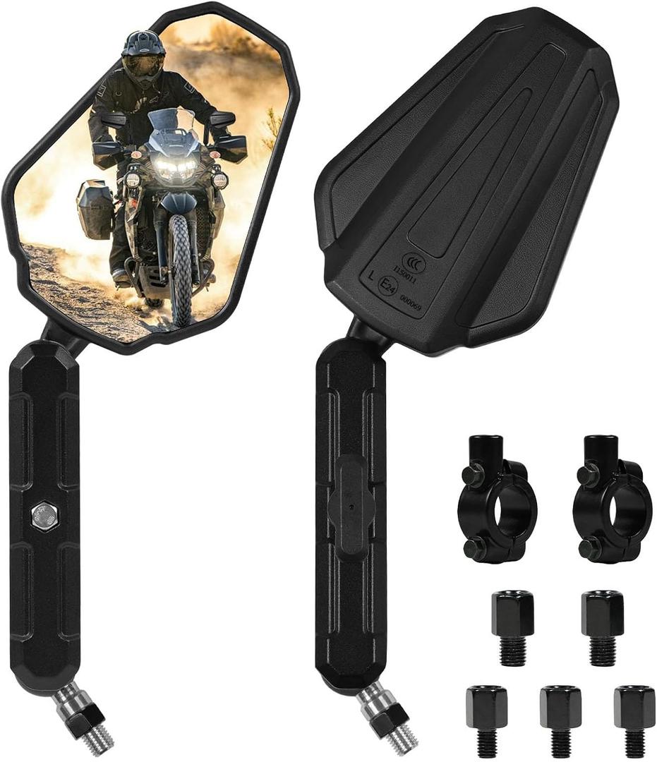 Adventure Motorcycle Mirrors - 360 Adjustable Foldable Rearview Mirrors with 7/8 Handlebar Mount & M8 M10 Screws Fit for ATV, Scooter, Dirt Bike, Street Bike, Snowmobile and More