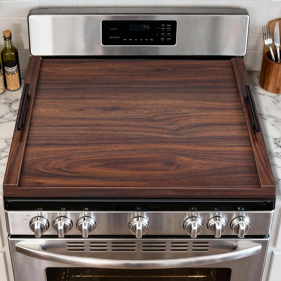 Noodle Board Stove Cover with Handles, Ultra Thick Wood Stove Top Cover Board for Electric/Gas Stove, Counter Space Top Covers Used As Sink Covers & Decorative Tray (Walnut Color) 29.5"D x 22"W x 1"H