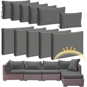Patelai 11 Pcs Waterproof Patio Cushion Covers for Outdoor Sectional Furniture Wicker Rattan Patio Sofa Couch Chair Seat Pillow Slipcovers, 3 Sizes Covers Only (25.4 x 25.4X 3.54,Gray)