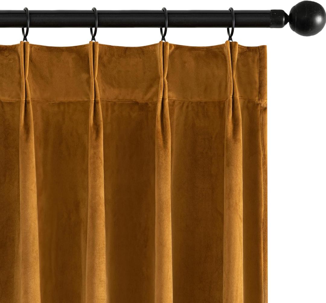 MIULEE Velvet Pinch Pleated Blackout Curtains 90 inches Long, Gold Brown Pleat Design Thermal Insulated Luxury Window Drapes for Living Room Bedroom with Hooks, Set of 2