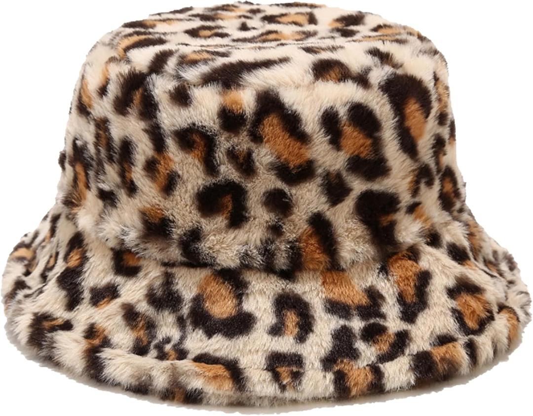 Winter Fluffy Fuzzy Bucket Hat Plush Furry Faux Fur Fisherman Hats Warm Hat for Women (One Size, Leopard Print Beige)