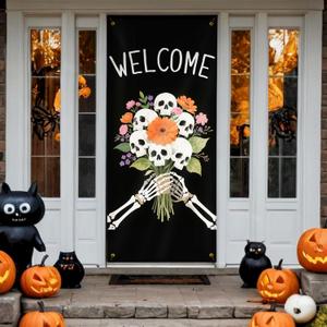 2 x Gothic Halloween Skull Door Cover Decorations, Gothic Floral Skeleton Doorway Door Curtains Banners Backdrop Photography Decor for Halloween Party Indoor Outdoor, 35 * 79 Inch