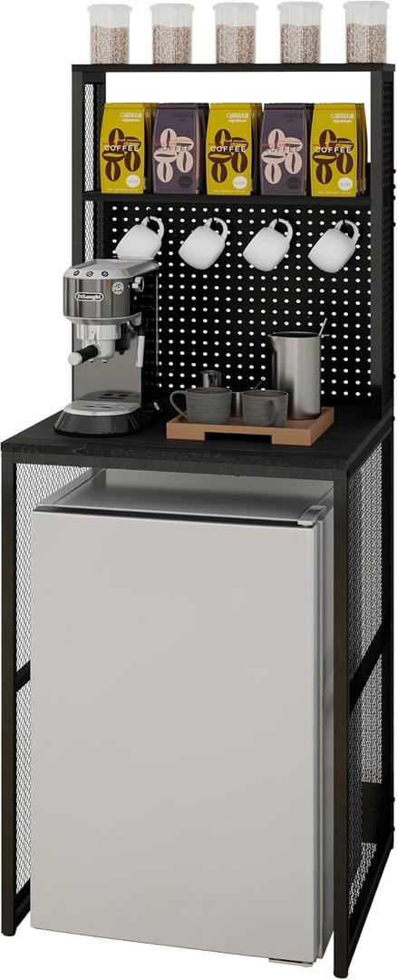 KirKical Kitchen Bakers Racks with Storage, Mini Fridge Stand, Utility Storage Shelf, Coffee Bar Table Microwave Oven Stand with Mini Fridge Space for Home Kitchen Dorm, Black, 23 inches x 22 inches x 41 inches