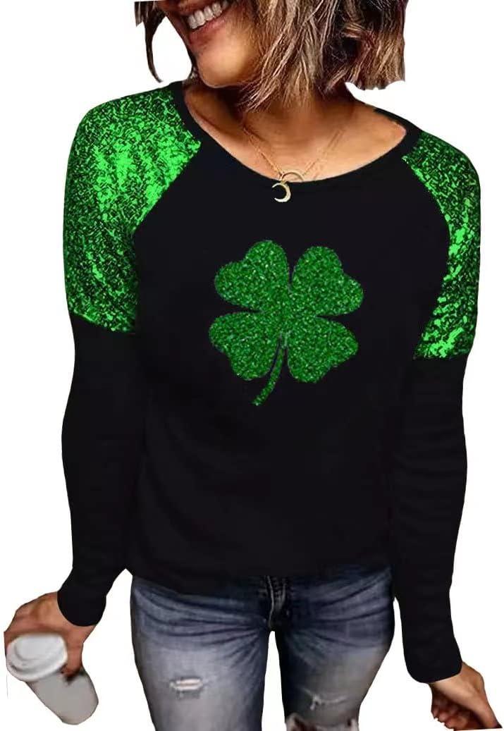St. Patrick's Day T-Shirt Womens Funny Shamrock Printed Sequined Splicing Sleeve Casual Lucky Clover Heart Graphic Tee Tops (XX-Large, Black-2)