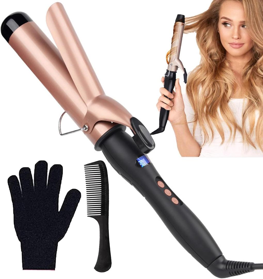 Curling Iron Set, Hair Curling Wand Set with Gloves and Comb, 38mm Instant Heat Up Hair Curler Produces Flawless Waves, LCD Display, Adjustable Temperature, Auto Shut Off