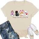 Valentines Day Shirts Women Cute Cat Pet Lover T-Shirt Love Heart Valentine Tee Tops (X-Large, Cream)