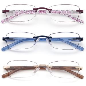 3 Pack Rimless Reading Glasses for Women Blue Light Blocking Readers Tinted Edge Spring Hinge Pattern Print Arm Eyeglasses Mix 1.25
