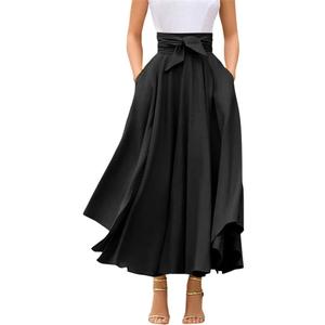 chouyatou Women's Elegant High Waisted Side Slit Irregular Bohemian Maxi Skirt with Pockets (Black)