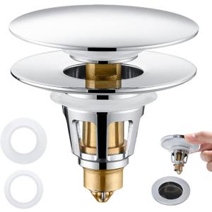 Universal 3-in-1 Bathroom Sink Stopper - Chrome Pop Up Sink Drain Stopper, Push Button Sink Drain Stopper Replacement, Wash Basin Drain Filter Plug with Anti-Clogging Strainer, (Large Cover)