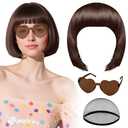 PLULON Dark Brown Bob Wig with Heart Sunglasses and Hair Cap for Women, Short Bob Wigs Synthetic Colored Funny Cosplay Hairpieces for Women Men Daily Bachelorette Halloween Costume Party Decorations