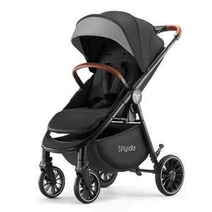 Tinyiota Stroller for Babies,Toddler Strollers with Large UPF 50+ Canopy,Luxury Baby Stroller with Leather Handle & Spacious Seat, One-Hand Foldable Pushchair,Baby Carriage with Lie-Flat Mode(Black)