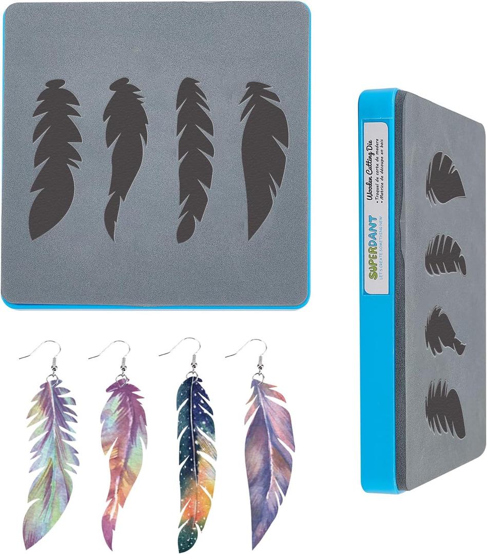 SUPERDANT Leather Feather Earrings Cutting Dies 4 Shapes Layered Earrings Wooden Die Cutting DIY Craft Die Cuts Faux Leather Die Cutter Machine for Women Jewelry Boho Dangle Earring Gifts