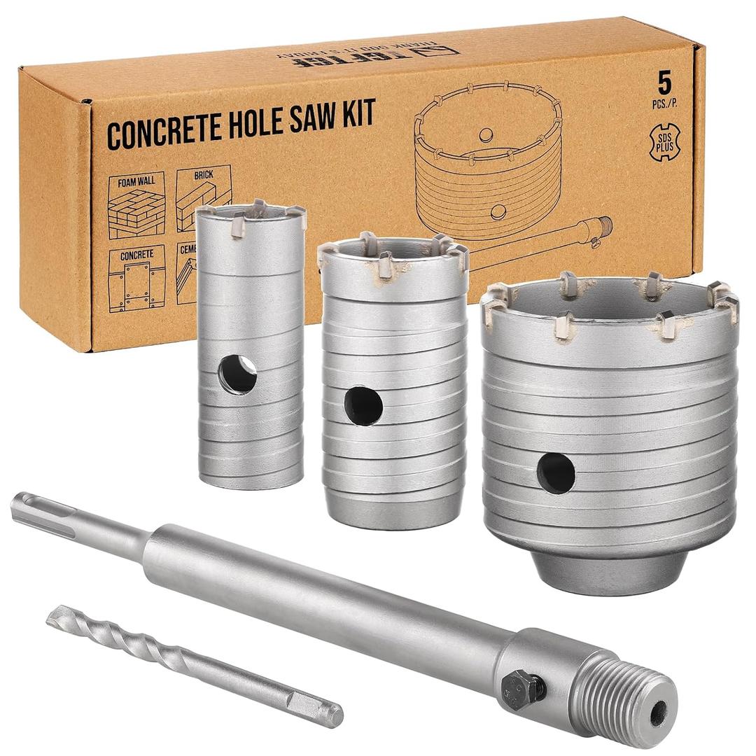 5PCS Concrete Hole Saw Kit, 30/40/65mm Tungsten Carbide Masonry Hole Saw Kit with 250mm SDS Plus Bit Shank Drill Bit Sets for Concrete, Brick, Stone, Cement, Tile, Wall Drilling