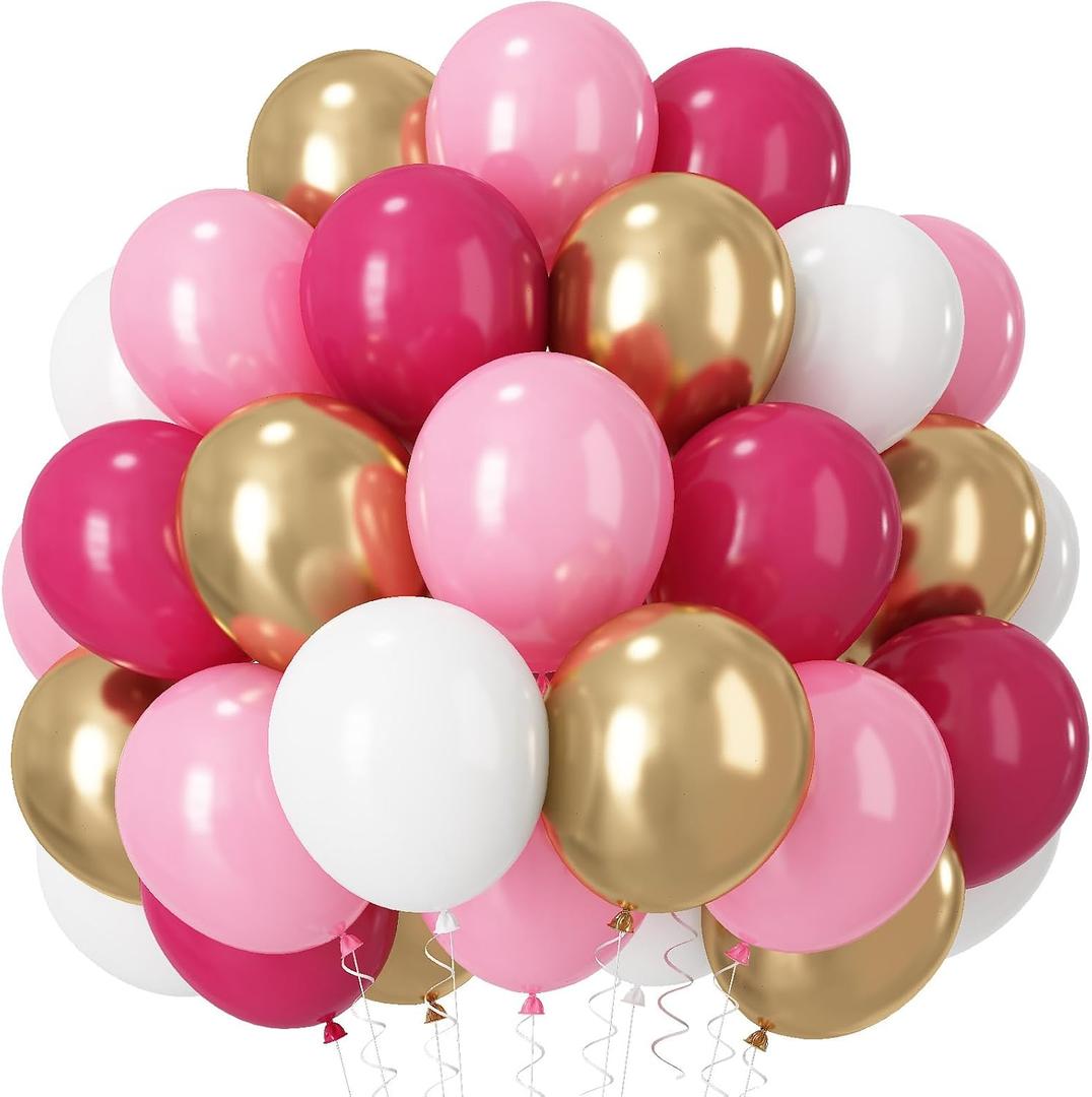 Pink and Gold Balloons, Valentines Day Decorations Balloon Princess Pastel Hot Pink White Metallic Gold Latex Balloons for Girls Women Birthday Wedding Bridal Baby Shower Anniversary Party Decoration