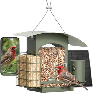Birdfy Smart Bird Feeder with Camera Solar Powered, 1080P Metal Hanging Bird Feeder with AI Bird Recognition, Instant Alerts & Slow Motion, Gift for Bird Lovers