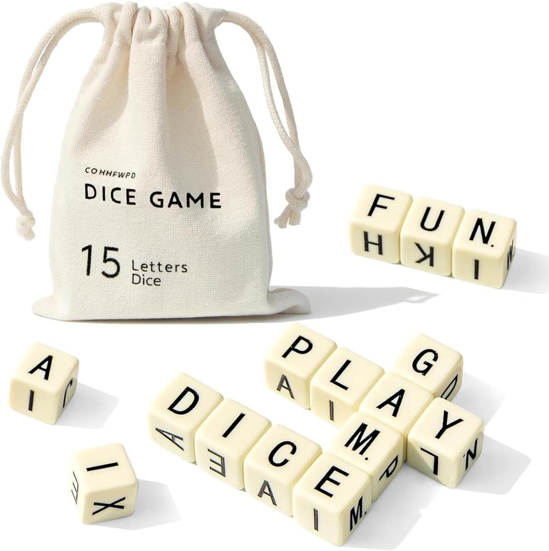 Crossword Dice Game, Word Game, 15 Large Letter Dice, Word Dice Game for Family Games, Travel & On-The-Go Fun