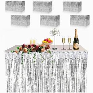 2 Pack Metallic Foil Fringe Tinsel Table Skirt, antfees 29.5''x108'' Disposable Party Table Skirt Banner for Rectangle Tables, Wedding, Birthday, Parade Floats, Party Decoration (Silver)