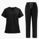 Scrubs Set for Women Medical Uniform–Stretch V-Neck Top & Straight Leg Pants with 6 Pockets for Nurse Workwear, Large Black